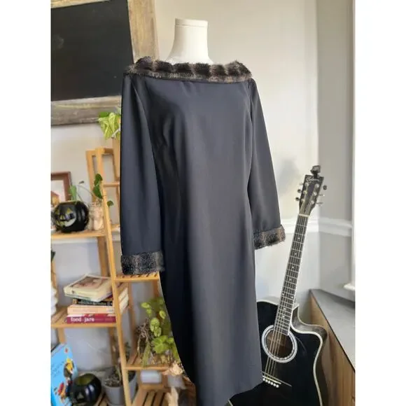 Vintage 90s Black Faux Fur Boat Neck Evening Gown Dress Size Large - Picture 3 of 5